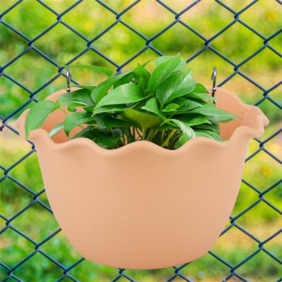 Hanging Planter with Hooks,Tutuviw 2Pcs Wall Mounted Wavy Edge Hanging Plant Pot,Chic Wave Style Wall Hanging Planter,Eco-Friendly Plastic Bucket Garden Pot for Railing Indoor Outdoor - Light Brown