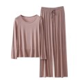 thumbnail image 3 of Sentmoon 2 Pcs Robe de Nuit pour Femmes Douce et Confortable Col Ras du Cou Pyjama pour Femmes Manches Longues Décontracté Couleur Unie Ensemble de Détente pour Femmes pour l'Heure du Coucher Confortable Kaki TTG, 3 of 4