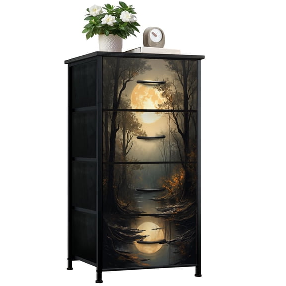Dresser for Bedroom with 4 Storage Drawers Dark Academia Vintage Gothic Dark Forest Moody Moon Aesthetic Full Dressers Chest of Drawers Steel Framed Fabric Closet Organizers for Entryway