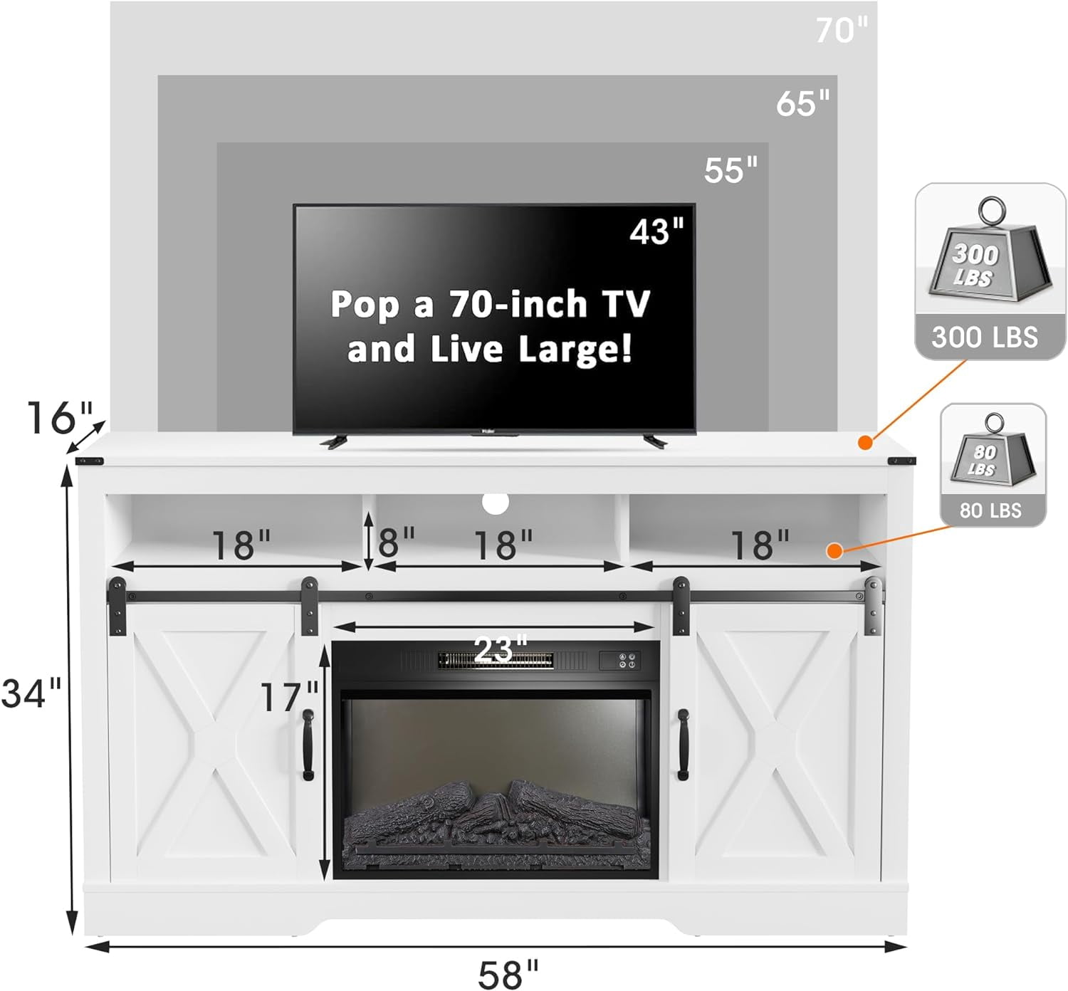 Mayincolor Farmhouse TV Stand, 34'' Tall Entertainment Center for 65+ Inch TV, Rustic Console with Sliding Door (White)