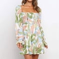 thumbnail image 2 of Femmes Col Carré Robe à Manches Longues Doux Imprimé Floral Volant Automne Dresses Casual une Ligne Swing Courte Mini Robe, 2 of 7