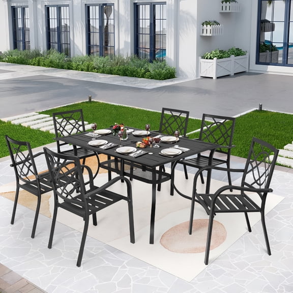 SOLAURA 7-Piece Outdoor Patio Dining Set with Stackable Metal Chairs and Rectangular Table for 6 Persons, Black