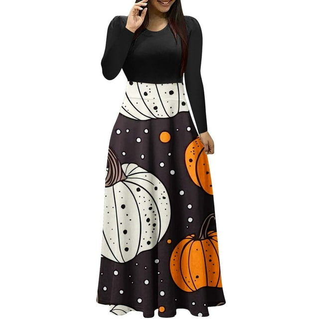 Enjoytime Robes d'Halloween pour Femmes Vintage Imprimées Manches Longues Col Rond Patchwork Longue Robe Décontractée Élégante Gothique Robe de Soirée Noire TG