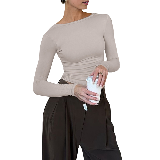 Womens Crewneck Long Sleeve Shirt Double Lined Basic Tees Side Ruched Going Out Crop Tops Gray L