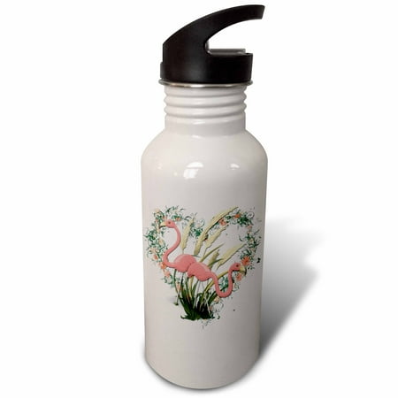 

3dRose Pink Flamingos and beautiful heart wreath with flowers Sports Water Bottle 21oz