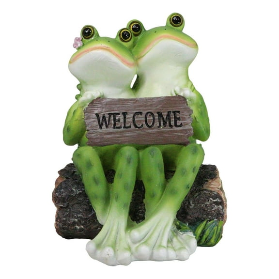 Romantic Frog Couple Sitting On Log Bench Holding Welcome Plank Sign Figurine