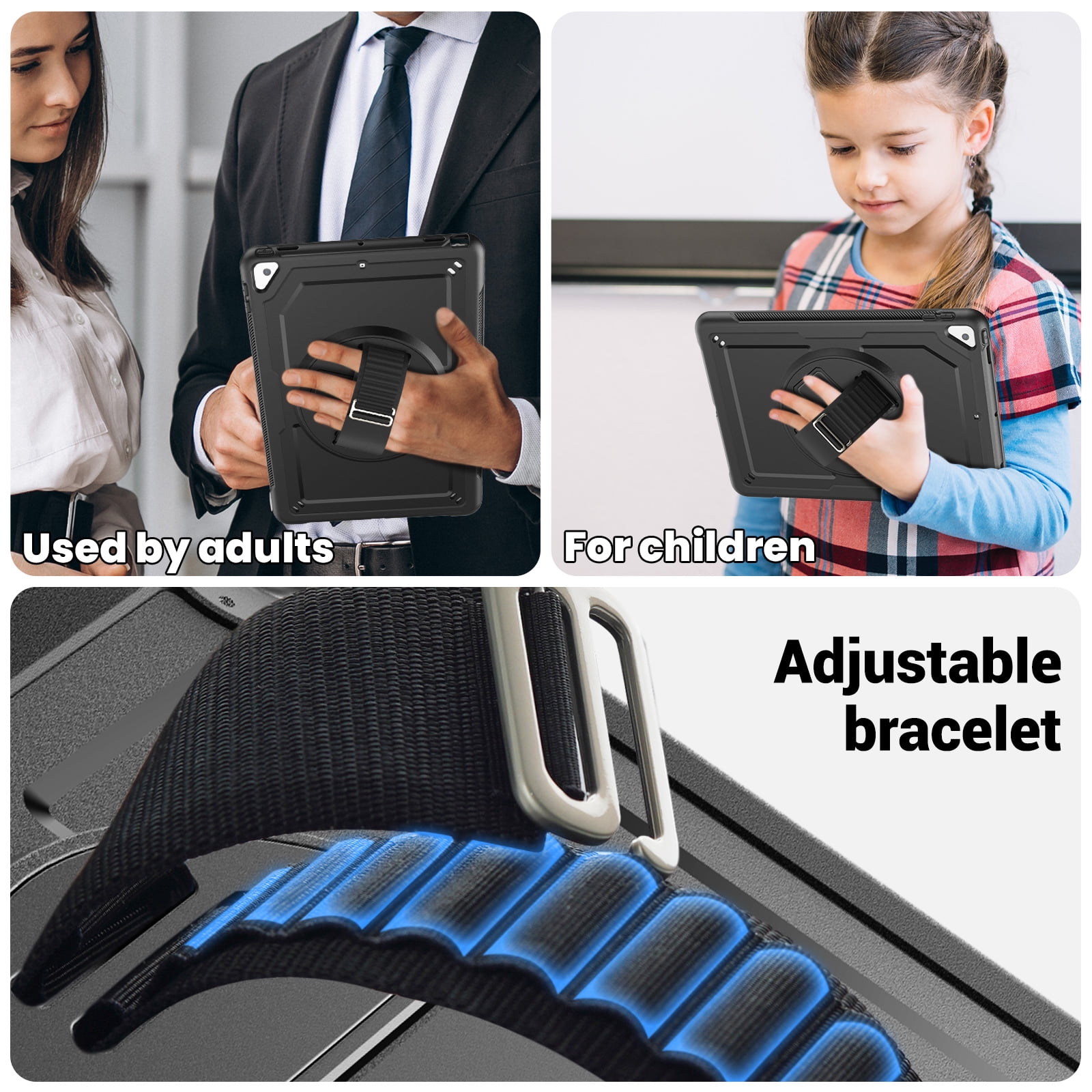 ELEHOLD Case for Apple iPad 10.2 2021/2020/2019 Pro 10.5'2017)(Air 3 10.5 (2019),Soft TPU Rugged Durable Case with 360° Rotating Hand Strap & Foldable Hidden Stand & Pencil Holder,Black