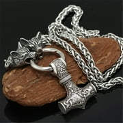 Men's Vintage Silver Norse Viking Wolf&Thor Hammer Mjolnir Pendant Necklace