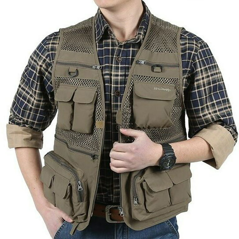 Brnmxoke Men's Casual Outdoor Utility Work Safari Fishing Hiking Travel  Cargo Vest Jacket Multi Pockets Lightweight Quick Dry Plus Size 