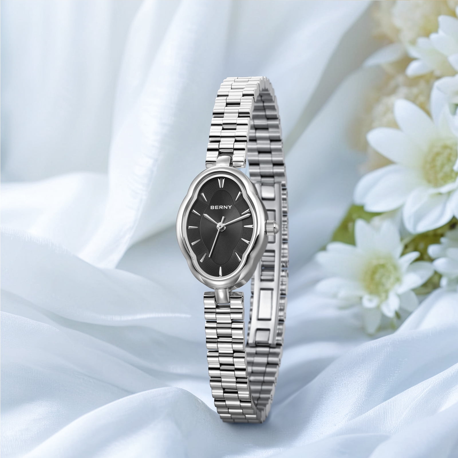 BERNY Small Silver Watches for Women Dainty Vintage Ladies Analog Quartz Bracelet Watch, Adjustment Tool Included Stainless Steel Waterproof, Fashion Luxury Womens Wrist Watches Gifts (Black)