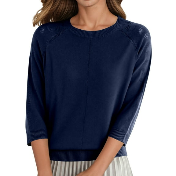 GBSYEWXS Women Sweater Crew Neck Solid Color 3/4 Sleeve Trendy Daily Wear Navy Sweater