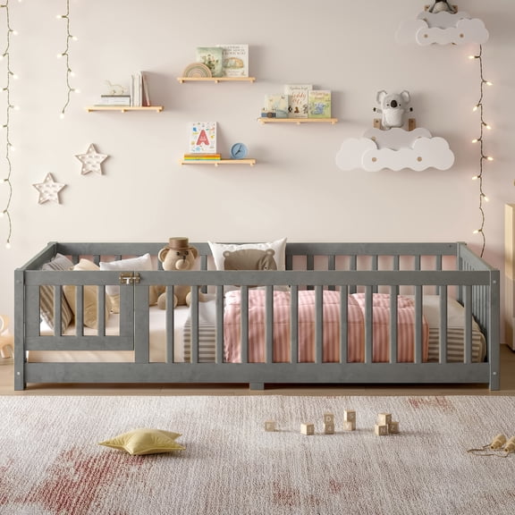 Twin Size Bed Floor Bed with Safety Guardrails and Door for , Wood grain gray.