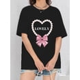 thumbnail image 1 of Camiseta con estampado gráfico "Lovely" de perlas y lazo. Camiseta de manga corta con cuello redondo, elegante y cómoda para adolescentes, ideal para primavera y verano. Ropa para el día a día. Para, 1 of 4