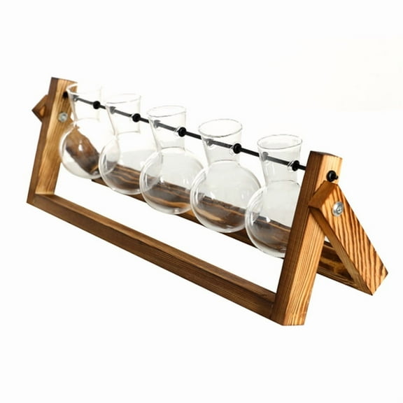 Plant Terrarium with Wooden Stand, Wall Mounted Glass Flower Pot Tabletop Propagation Station for Home Garden Decoration,5 * glass bottles 2 * wooden racks 1 set * mounting parts,As Shown