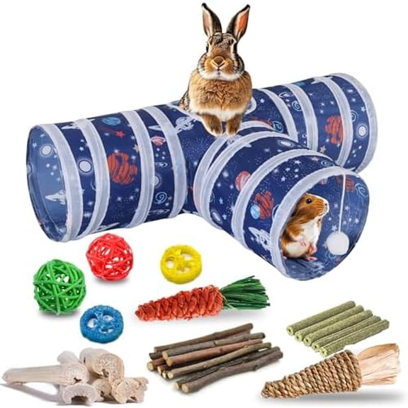 Rabbit Toys, Collapsible Bunny Tunnels & Tubes 3 Way Rabbit Hideout Tunnel with Chew Toy for Bunny Guinea Pig Ferret Kitten
