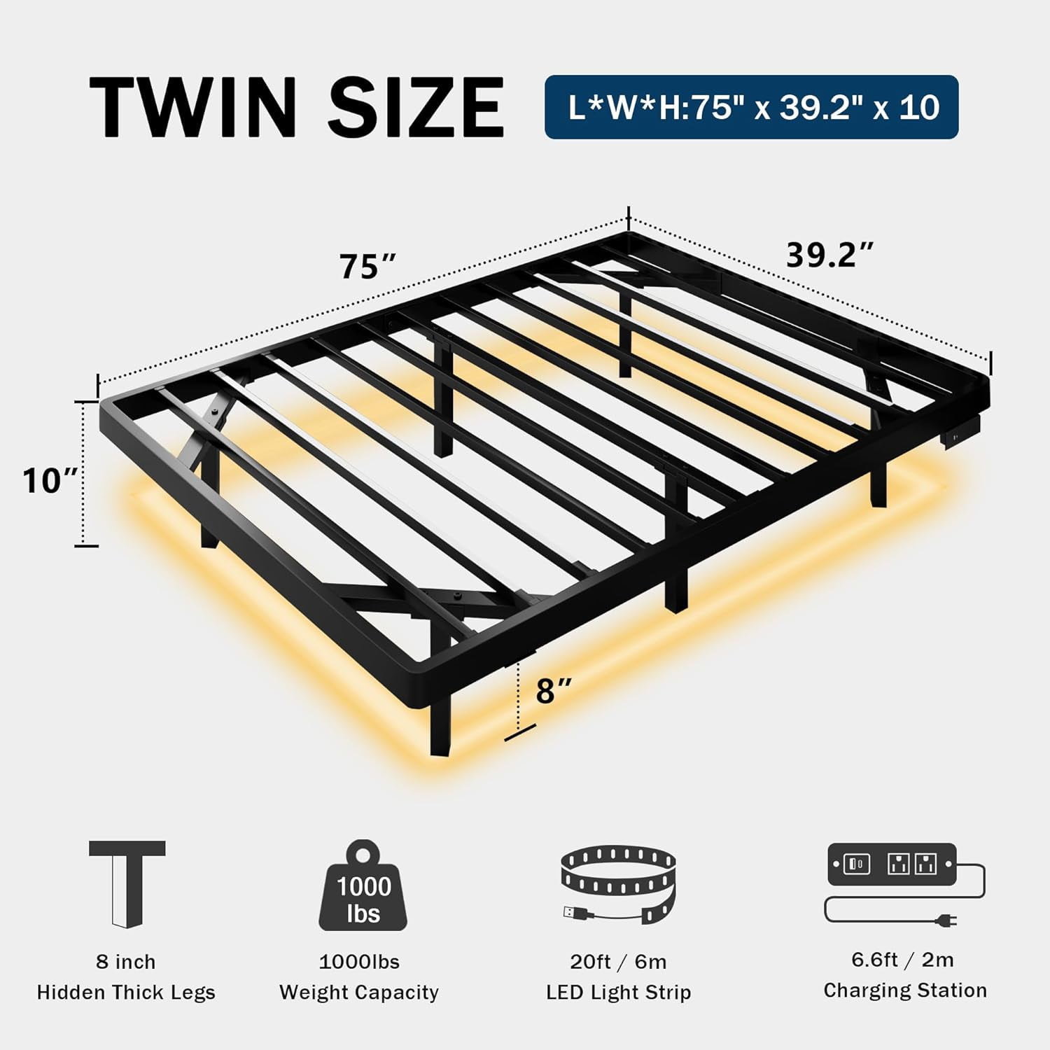 Honfach Twin Size Floating Bed Frame with Led Lights and Charging Station, Metal Bed Frame with Heavy Duty Steel Slats Supports,Black