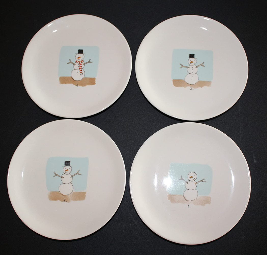 Rae Dunn by Magenta Snowman Plates Set of 4 numbered Christmas Snowmen on 6 inch dessert snack salad plates. 