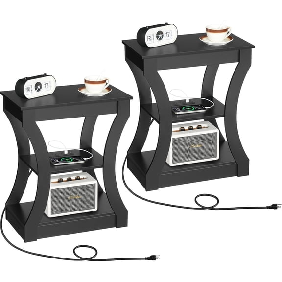 Black End Table Set of 2 with Charging Station, Skinny Side Table with USB Ports and Outlets, Nightstand, 3 Tier Bedside Table with Storage Shelf, Living Room, Bedroom, Small Space