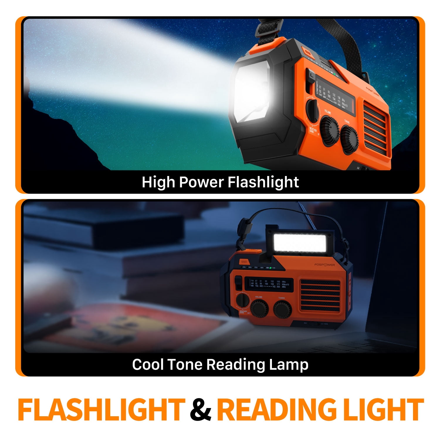 FosPower 5200mAh Solar Powered Emergency Weather Radio A6 with Hand Crank & LED Flashlight, Orange