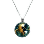 Hippocampus Glass Circular Pendant Necklace - Elegant Jewelry Piece for Everyday Wear