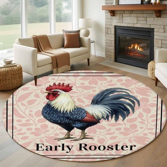 Early Rooster Round Area Rug 7Ft Washable Circle Rugs for Dorm Laundry Room, Pink Spring Farmhouse Leaves Burlap Non-Slip Carpet Floor Mats Indoor Outdoor Carpet Runner Aesthetic Home Decor