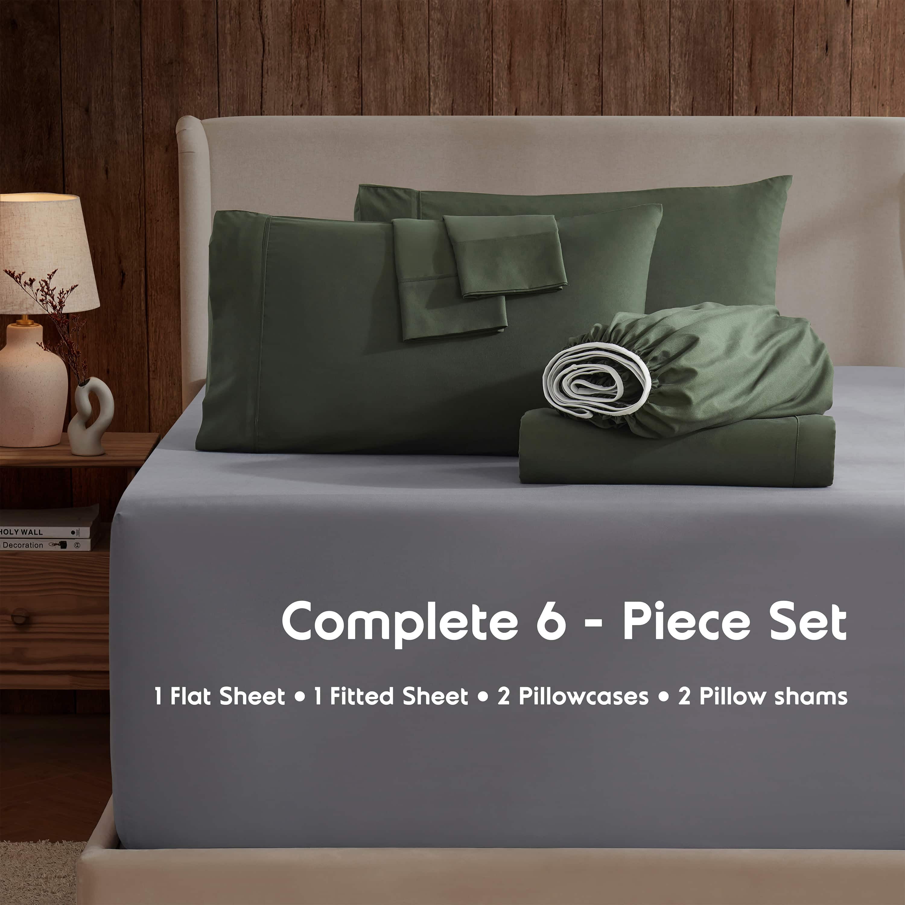 LammaLoe Extra Deep Pocket Queen Sheets set, Fits 18"-24" Mattress, 6 Piece Soft Microfiber Bed Sheet Sets, Olive Green