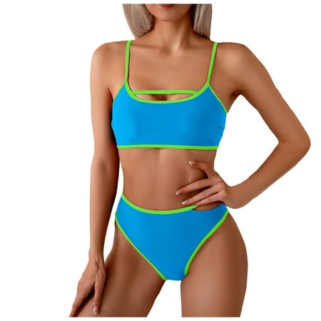 TOWED22 Women s Solid Color Bikini Swimsuits Twist Front Tie Back 2 Piece Bathing Suit V Neck Ruched Swimsuits BikinisSky Blue M