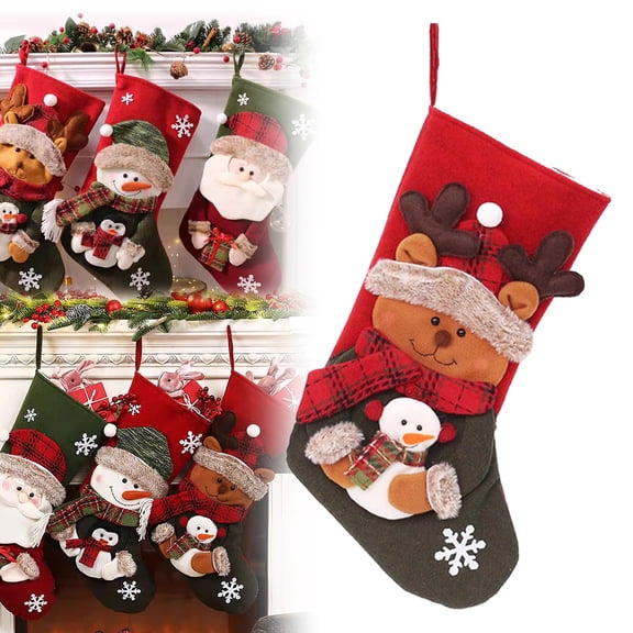 Personalized 3D Christmas Stocking - Custom Name Large Santa Snowman Deer Hanging Decor