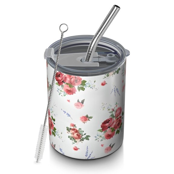 12oz Coffee Tumblers Pioneer Flower Floral Print Pattern Stainless Steel Vacuum Insulated Travel Tumbler Coffee Cups Mug with Lid and Straw with Cleaning Brush for Cold & Hot Drinks