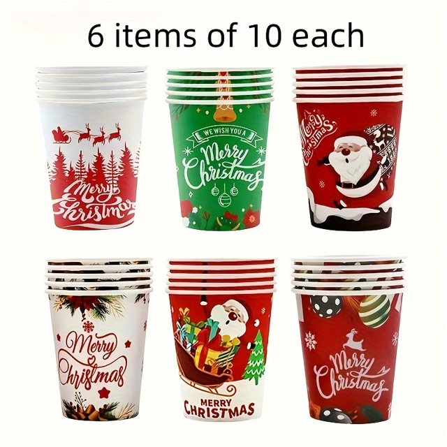 60pcs Christmas Paper Cups - Disposable, Recyclable, Lead-Free Sustainable Material with Festive Design, Hand Wash Only, for Home, Kitchen, Office, Restaurant & Holiday Parties, Party Supplies