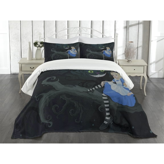 Ambesonne Colorful Quilted Bedspread Set 3 Pcs, Cheshire Cat in Forest, Queen Size, Multicolor