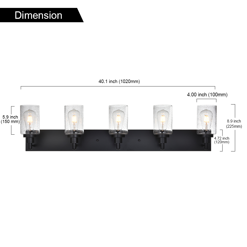 MELUCEE 5-Light Farmhouse Bathroom Light Fixtures Black Finish with Seeded Glass Shade