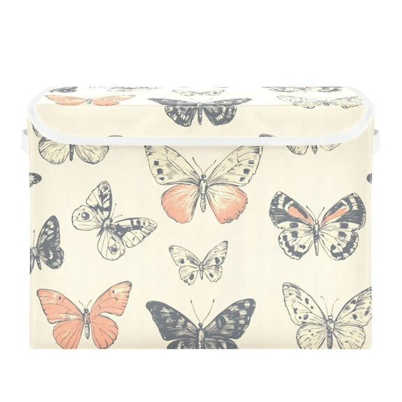 Beige Vintage Butterfly Large Storage Bins with Linen Collapsible Lid Storage Box 16.7 x 12.6 x 11.8in
