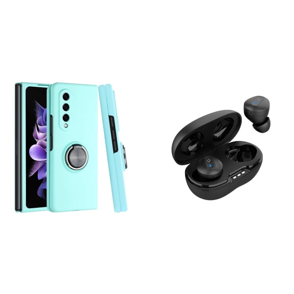 BEMZ Magnetic Ring Car Mount Holder Stand Protective Case (Mint Teal) with Noise-Cancelling Wireless Earbuds with Charging Case for Samsung Galaxy Z Fold 4 5G