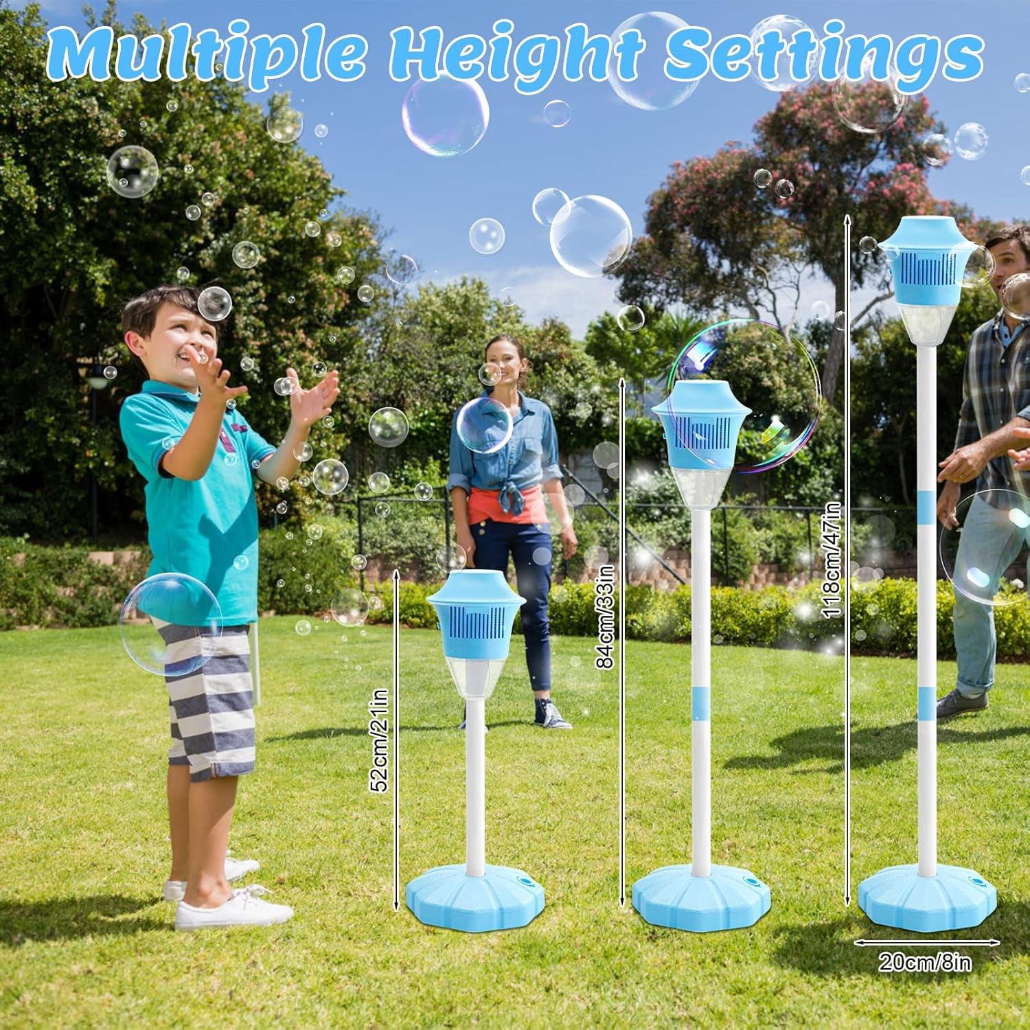 2026 New Bubble Machine for Kids, 47" Rechargeable Automatic Bubble Maker with Light Music, 3-Level Adjustable Heights, Detachable Bubble Wand for Party Wedding, Includes Bubble Solution(Blue*)