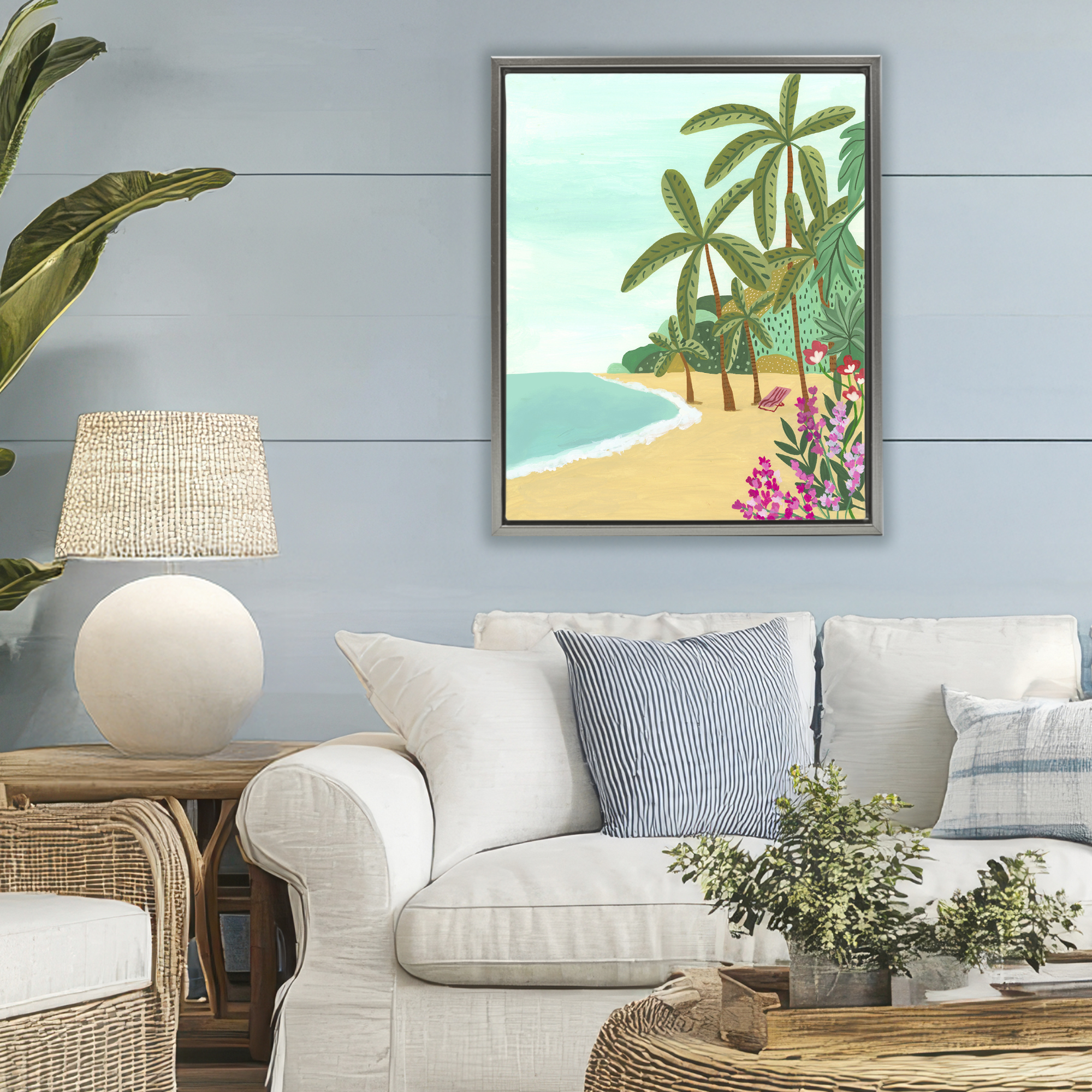 Palm Filled Shoreline Gray Framed Floater Canvas Wall Art, design by Nabeela Rumi