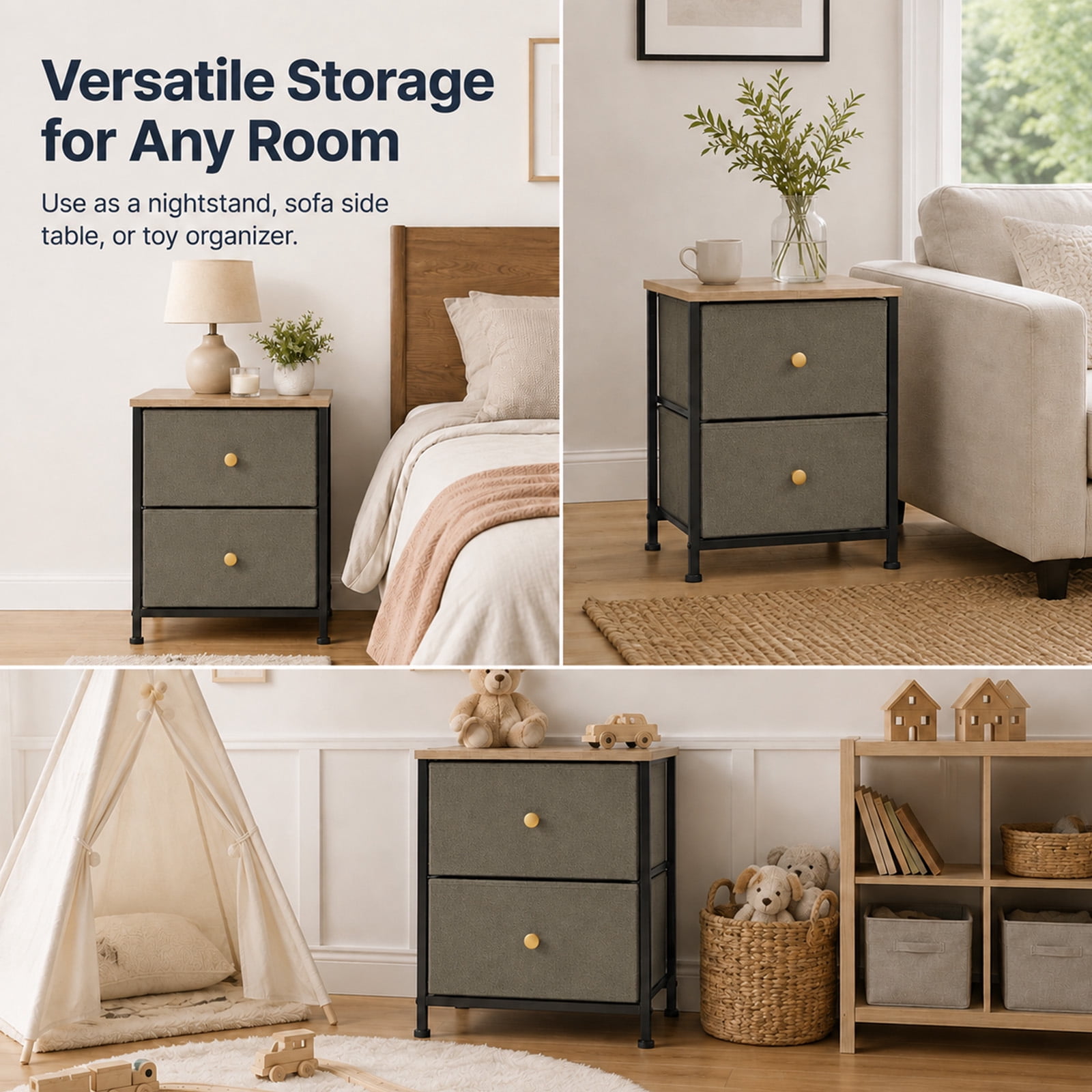 Alvantor Nightstand with 2 Storage Drawers, Small Bedside Table, Small Dresser with Sturdy Wooden Top for Daily Essentials, Compact Nightstand for Bedroom and Small Spaces