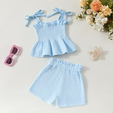 

Girl Summer Cotton and Linen Camisole Short Shirt Shorts and Toddler Suits