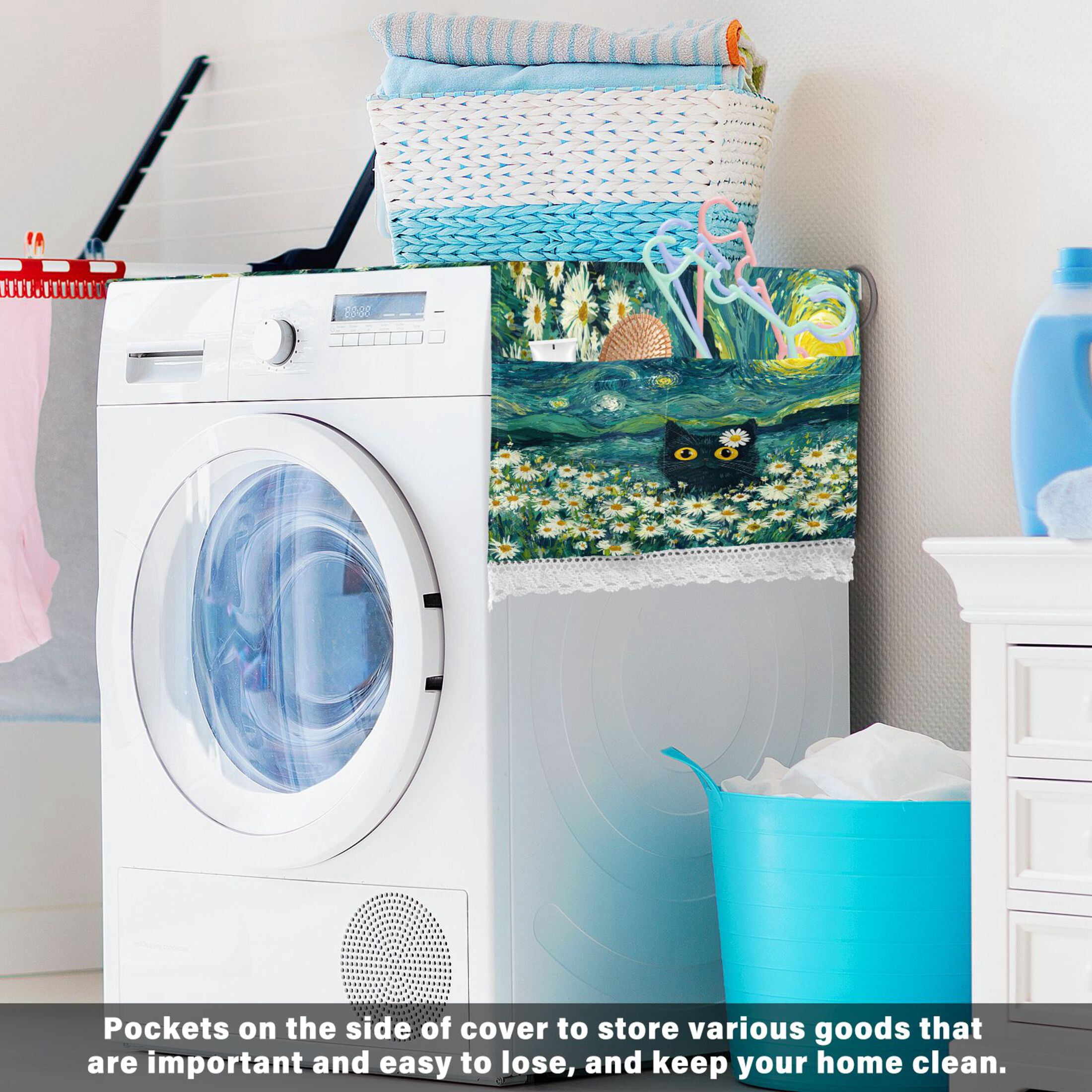 Wobogo Starry Daisy Cat Washing Machine Cover Dustproof Washer Dryer Cover Waterproof Laundry Room Decorative Protector