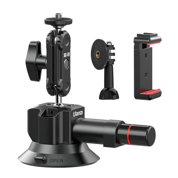 Soporte Ulanzi SC-01 Soporte de ventosa de 3 pulgadas para soporte de cámara de succión de teléfono Cabezas de bola giratorias de 360 ° duales Peso de carga de 1 kg con clip de teléfono Base de monta Maboto Soporte