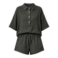 thumbnail image 7 of Women 2 Piece Linen Short Sets 2026 Summer Vacation V Neck Short Sleeve Beach Outfits Oversized Button Casual Suits Dark Gray M, 7 of 7