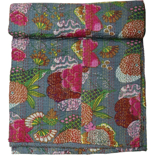 ColorFull House Courtepointe Kantha Indienne Tissée à la Main à Imprimé Floral, Couvre-Lit, Drap, Couverture Jetée Taille ( Simple 60 Pouces x 90 Pouces )