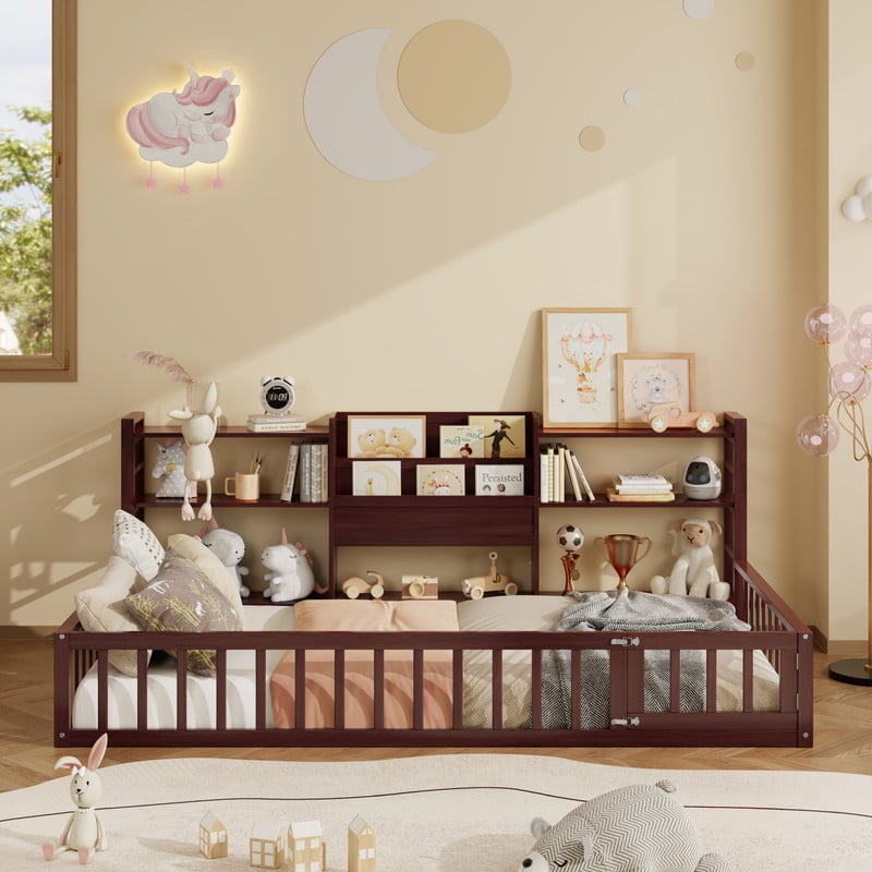 Twin Size Floor Bed with Integrated Bookcase and 3-Tier Storage Shelves, Low Profile Wood Toddler Bed Montessori Bed with Safety Guardrails for Boys Girls