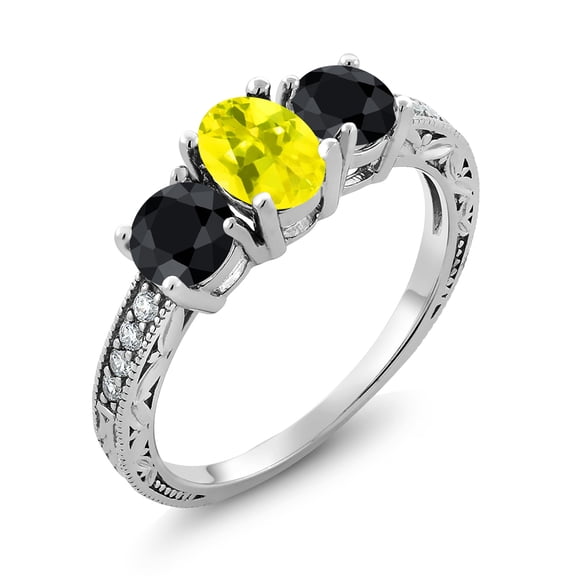 Gem Stone King 2.30 Ct Oval Canary Mystic Topaz Black Sapphire 925 Sterling Silver Moissanite Ring (Size 8)