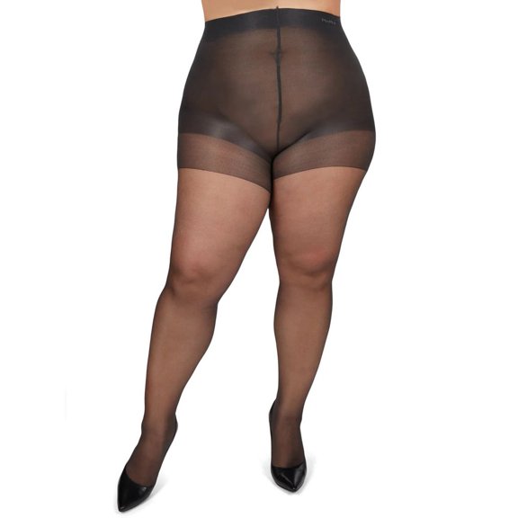 MeMoi Plus Size Curvy Silky Sheer Control Top Pantyhose - Womens - Female (Queen Petite, Off Black)