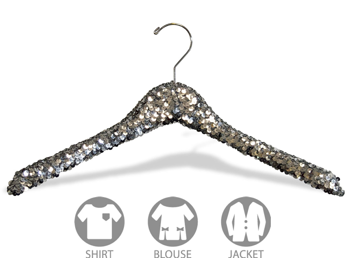 International Hanger Curved Silver Sequined Solid Wood Top Hanger, 360-Degree Swivel Hook, Decorative Sequin Covered Wooden Hanger for Shirts, Jackets, Dresses, Bridal - 6 Pack