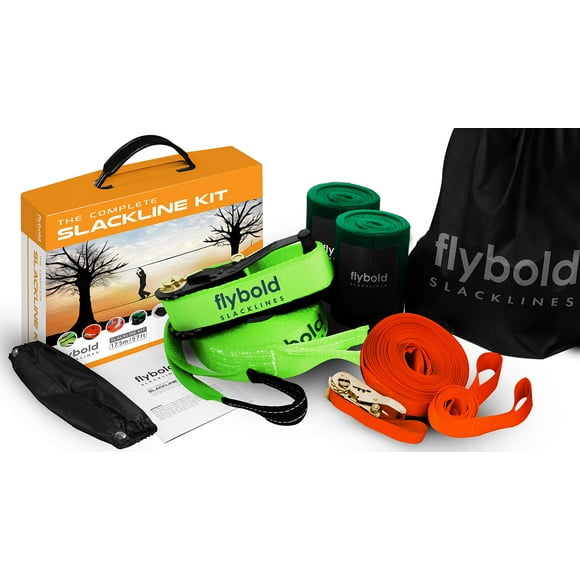 flybold Slackline Kit | Slack Line Longer | 57 ft Line with Training Line | Tree Protectors, Arm Trainer, Ratchet Cover and Carry Bag | Tight Rope Slack Lines for Backyard | for Kids, Children, Adults