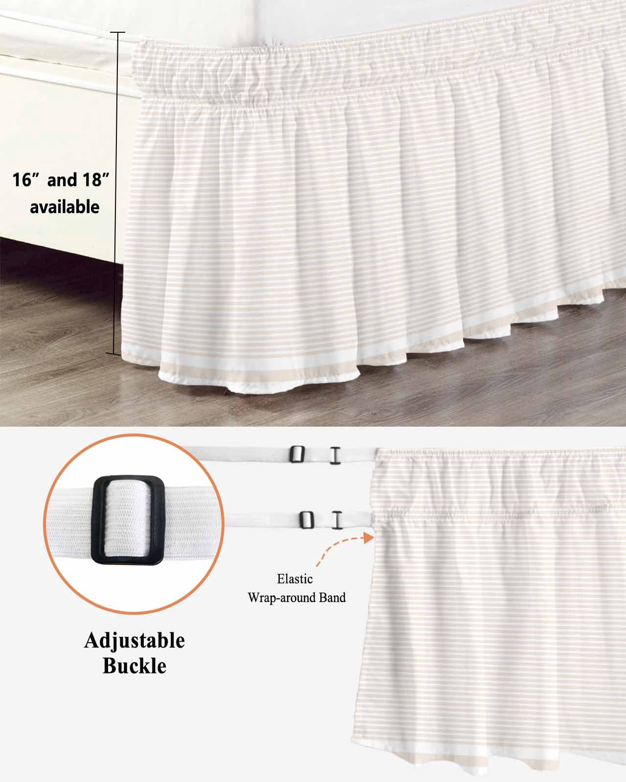 Farmhouse Beige White Striped Bed Skirt Queen Size, Modern Stripes Wrap Around Bed Skirting with Adjustable Elastic Strap, Dust Ruffle Pleated Bedskirts 16 Inch Drop for Bedroom Queen Beds