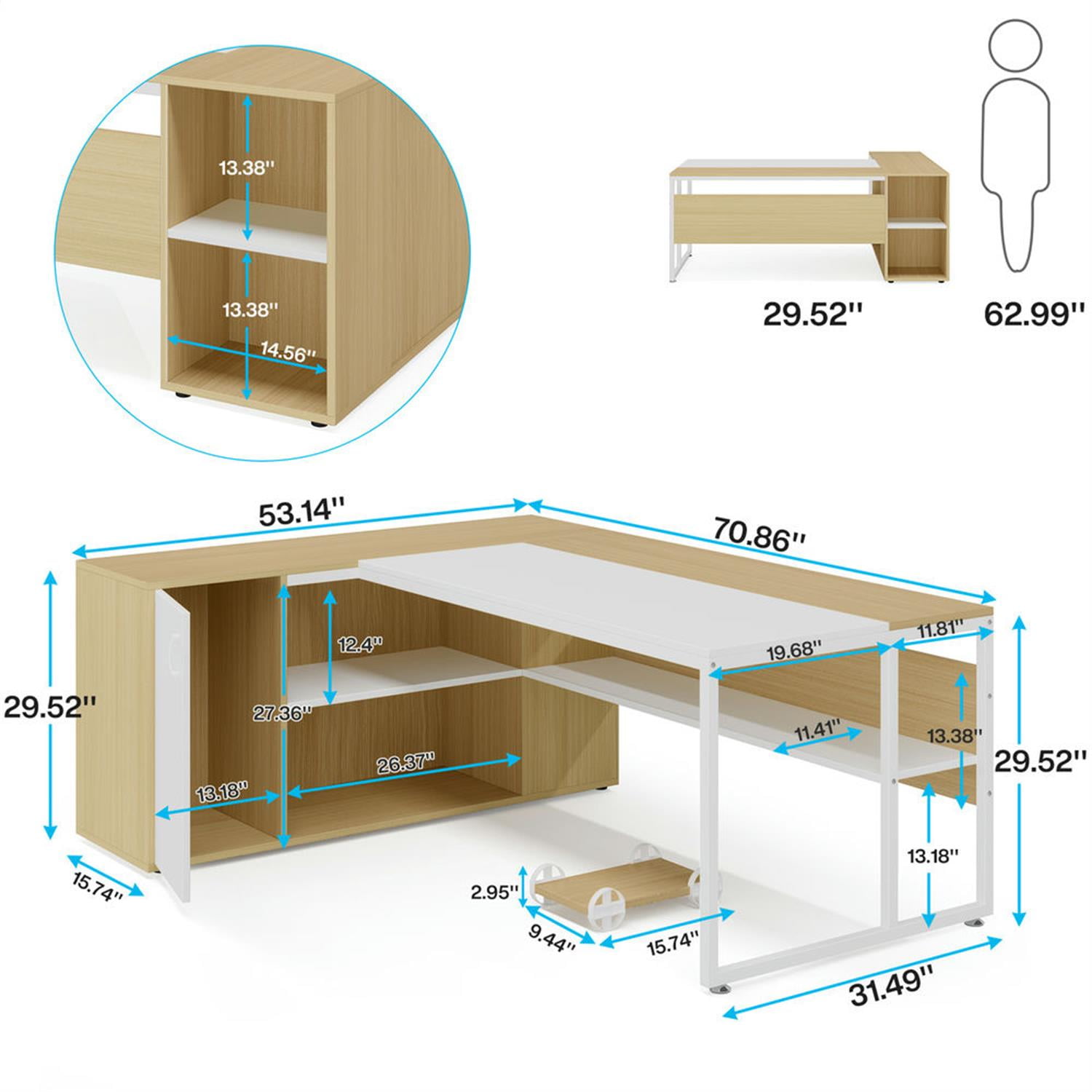 Demi Bonn Modern L Shaped Gaming Desk, 71" Executive Desk with Shelves and Lateral File Cabinet for Home Office, White