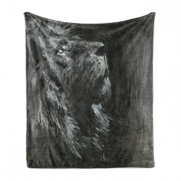 Charcoal Soft Flannel Fleece Throw Blanket, Hand Drawn Side View of a Lion Looking up Pastel Technique, Cozy Plush for Indoor and Outdoor Use, 70" x 90", Charcoal Grey and White, by Ambesonne